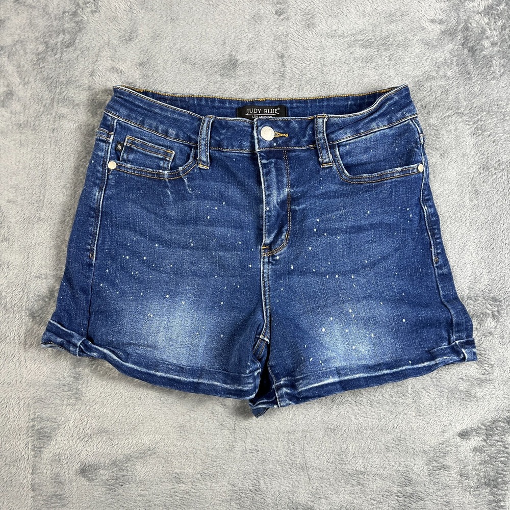 Judy Blue Womens Medium Denim Paint Splatter Dark Wash Cuffed Hem Mom Shorts